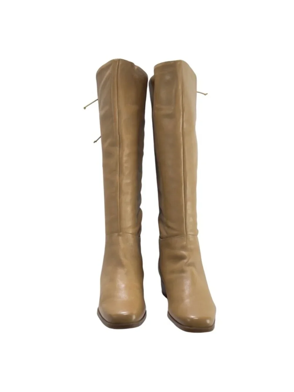 MARKON Women's Tan Leather Knee-High Boots Lace-Up Back Low Heel Size
